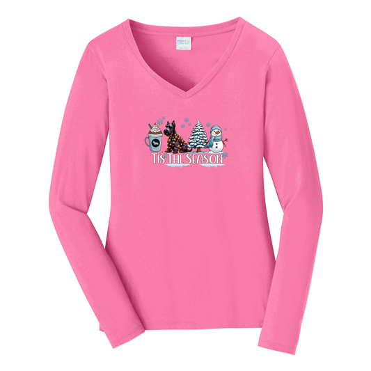 Scottish Terrier Tis The Season Winter Port & Company® Ladies Long Sleeve Fan Favorite™ V-Neck Tee LPC450VLS - WagALotBowWow
