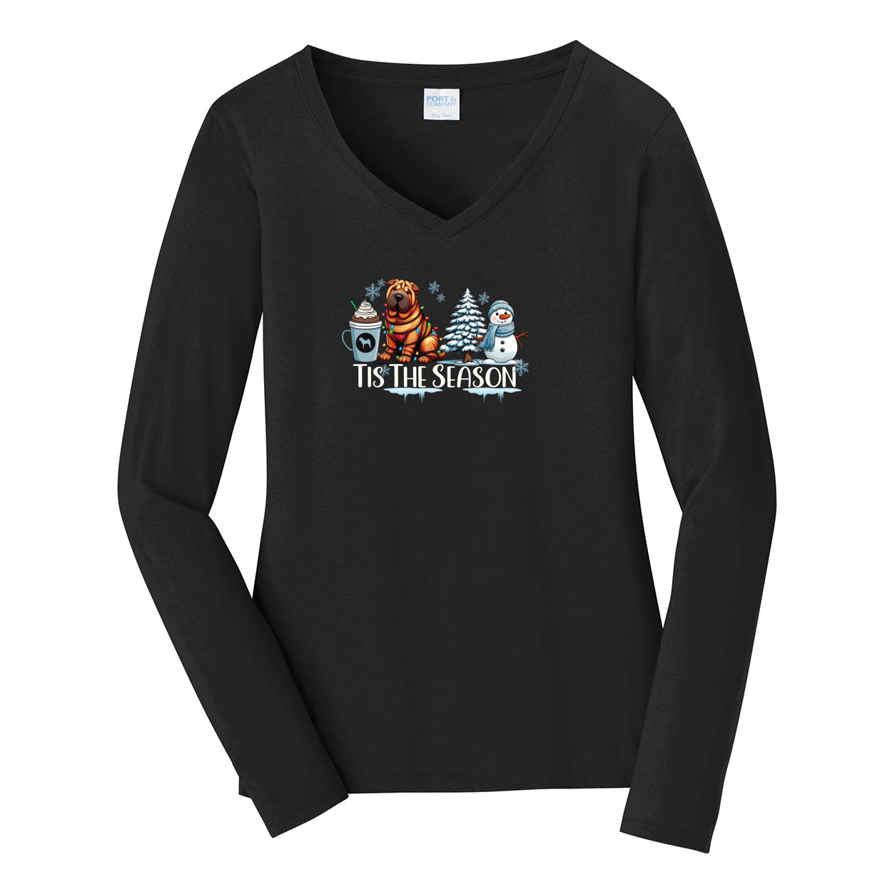 Chinese Shar-Pei Tis The Season Winter Port & Company® Ladies Long Sleeve Fan Favorite™ V-Neck Tee LPC450VLS - WagALotBowWow
