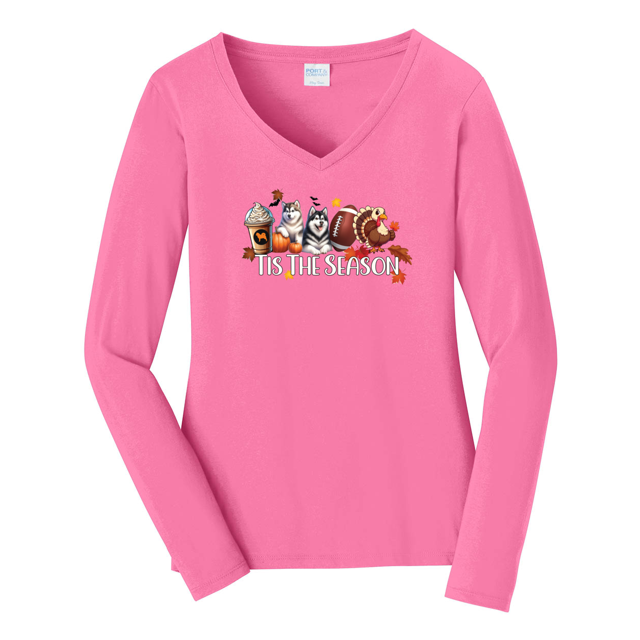 Alaskan Malamute Tis The Season Fall Port & Company® Ladies Long Sleeve Fan Favorite™ V-Neck Tee LPC450VLS - WagALotBowWow