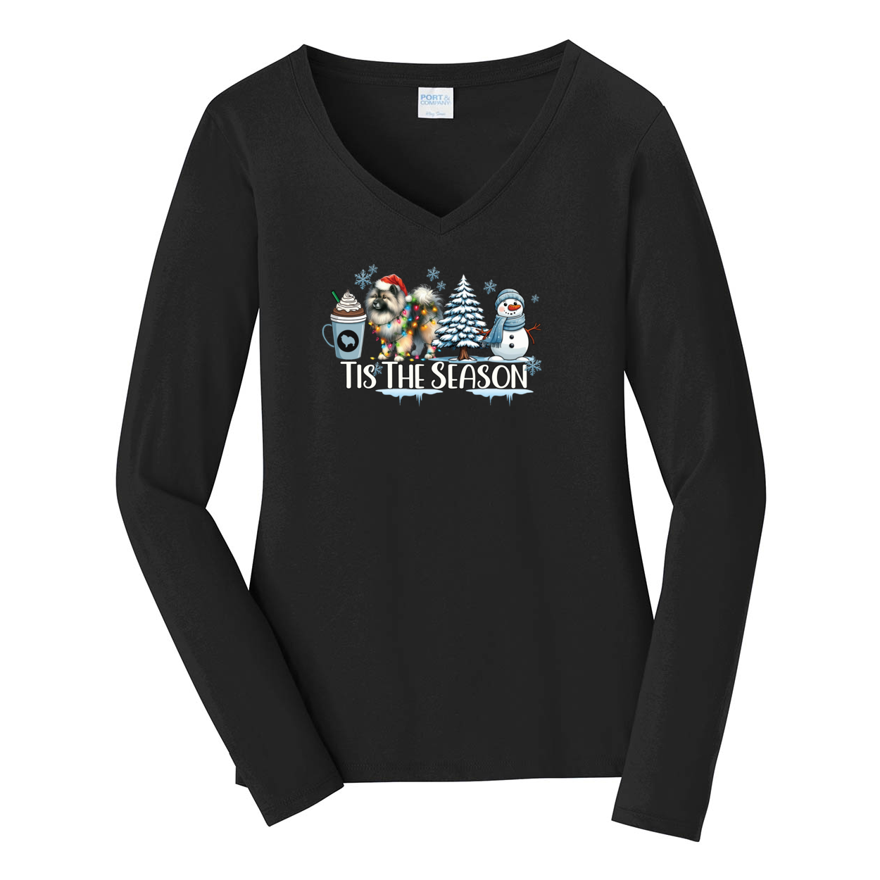 Keeshond Tis The Season Winter Port & Company® Ladies Long Sleeve Fan Favorite™ V-Neck Tee LPC450VLS - WagALotBowWow