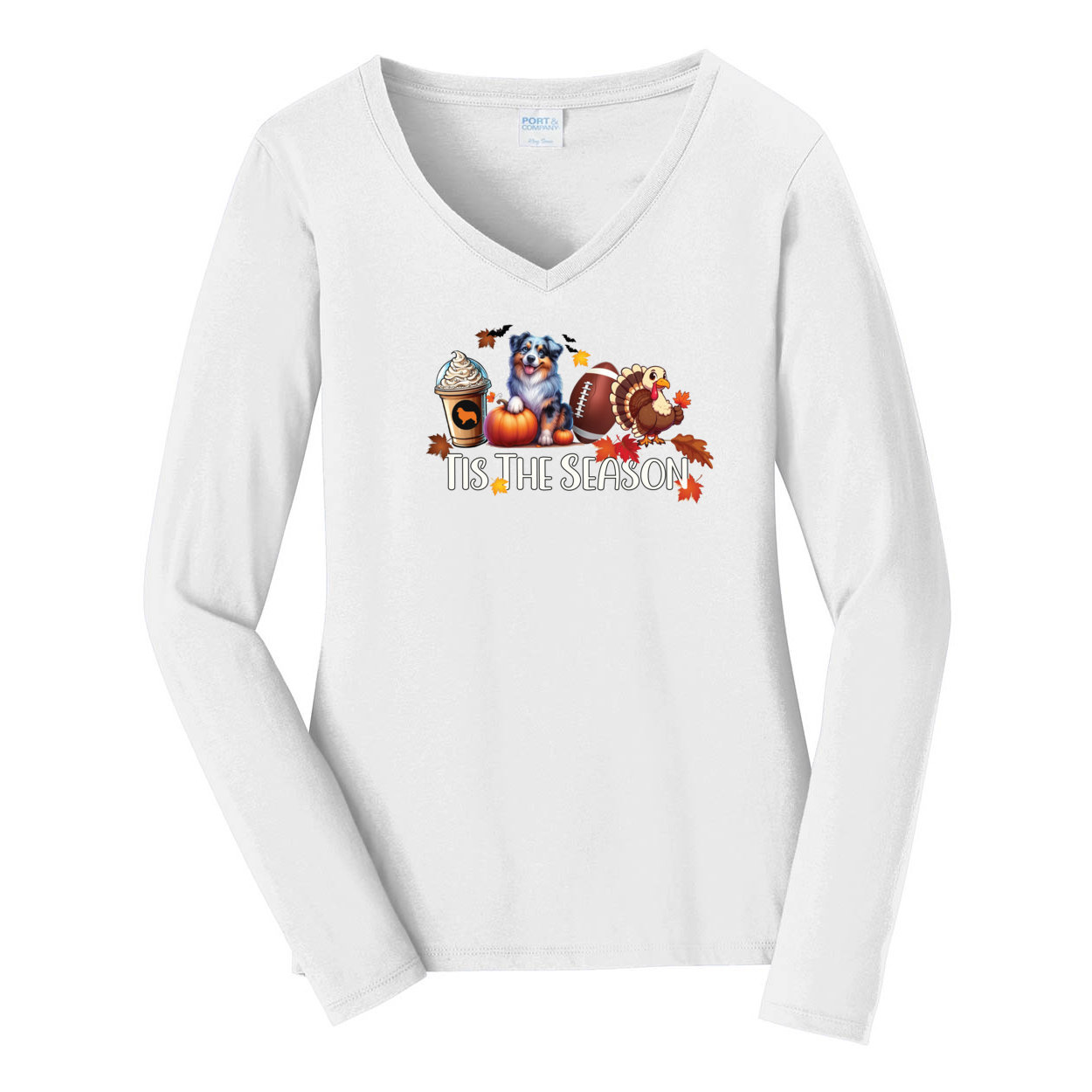 Blue Merle Australian Shepherd Tis The Season Fall V-Neck Long Sleeve - WagALotBowWow