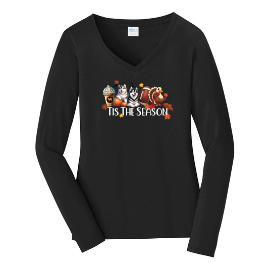 Alaskan Malamute Tis The Season Fall Port & Company® Ladies Long Sleeve Fan Favorite™ V-Neck Tee LPC450VLS - WagALotBowWow