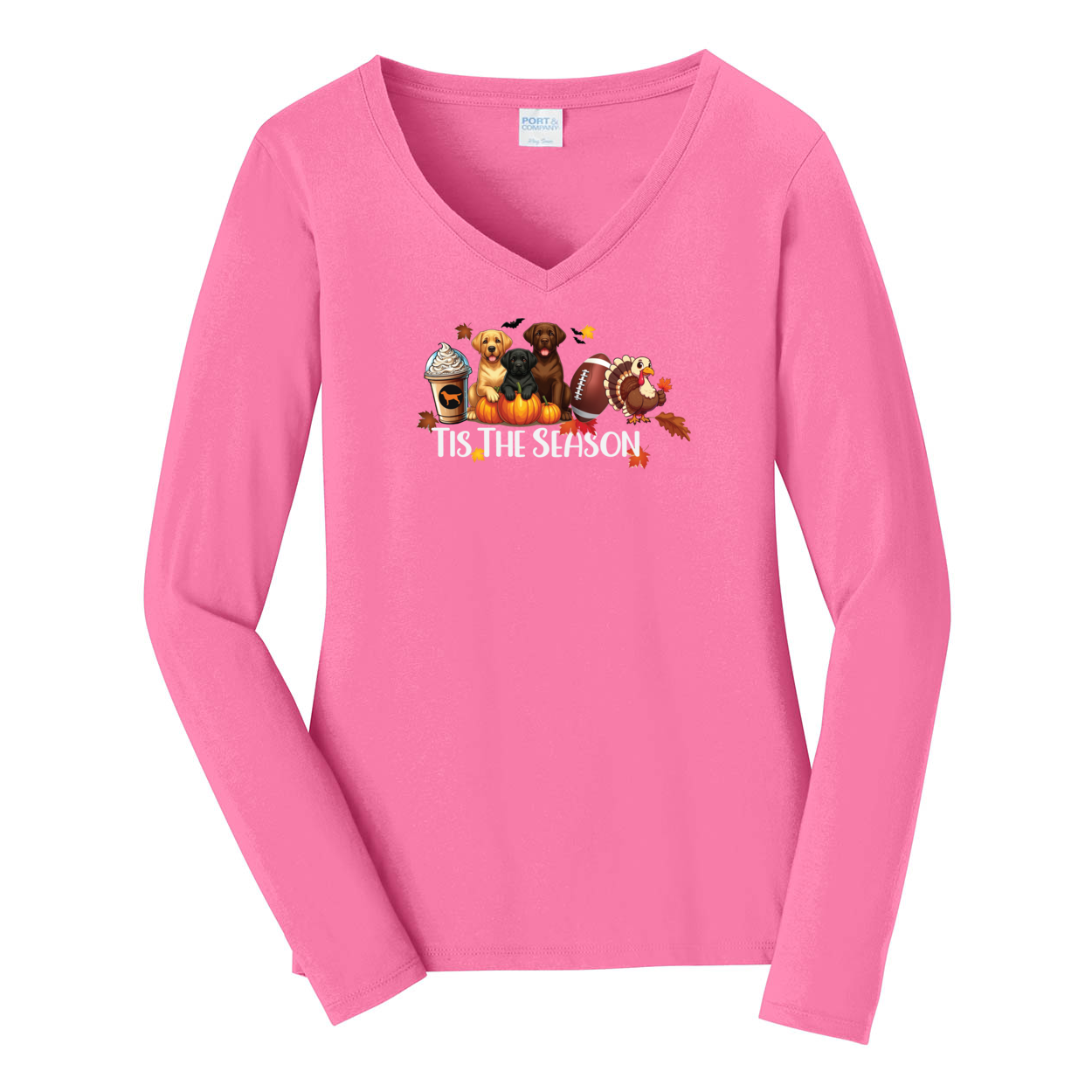 Labrador Tis The Season Turkey Port & Company® Ladies Long Sleeve Fan Favorite™ V-Neck Tee LPC450VLS - WagALotBowWow
