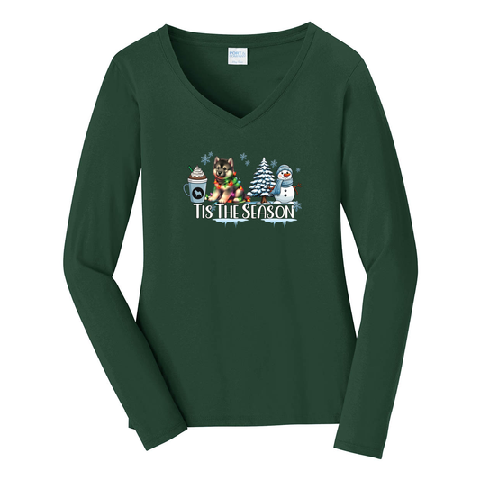 Norwegian Elkhound Tis The Season Winter Port & Company® Ladies Long Sleeve Fan Favorite™ V-Neck Tee LPC450VLS - WagALotBowWow
