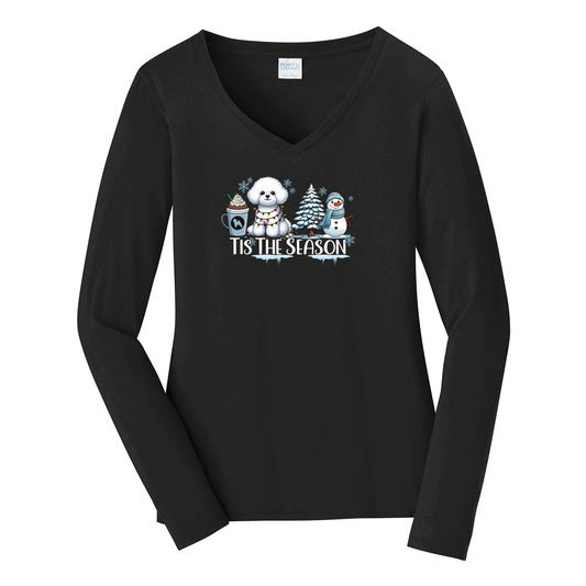 Bichon Frisé Tis The Season Winter Port & Company® Ladies Long Sleeve Fan Favorite™ V-Neck Tee LPC450VLS - WagALotBowWow