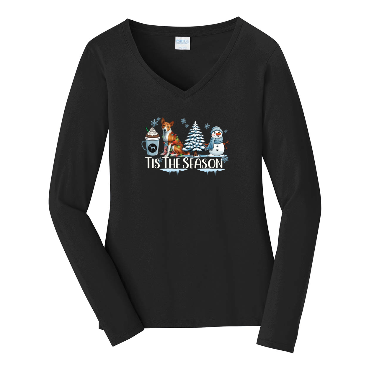 Basenji Tis The Season Winter Port & Company® Ladies Long Sleeve Fan Favorite™ V-Neck Tee LPC450VLS - WagALotBowWow