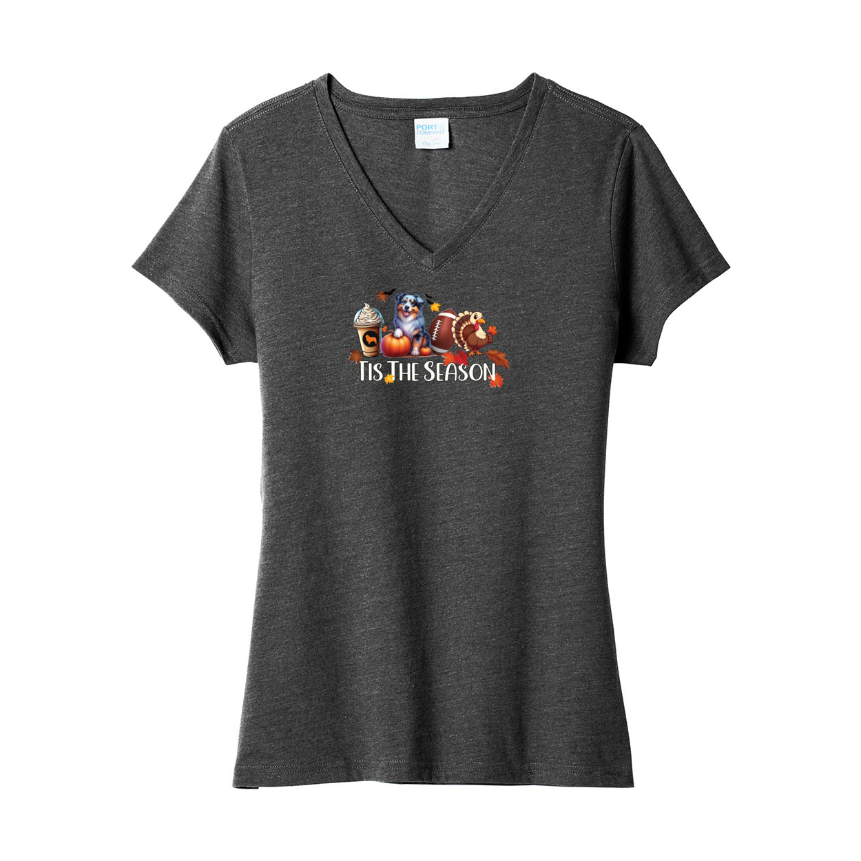 Blue Merle Aussie Tis The Season Fall V-Neck Tee SS - WagALotBowWow