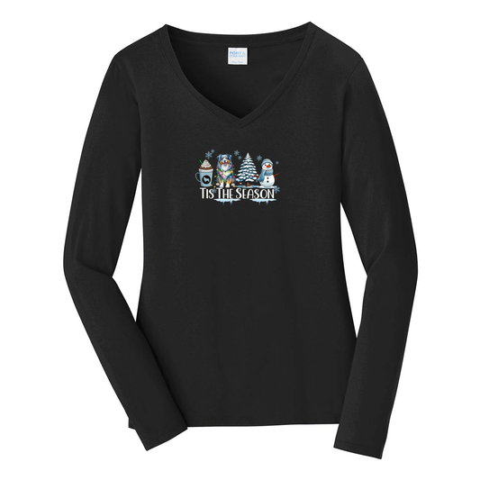 Blue Merle Australian Shepherd Tis The Season Winter V-Neck Long Sleeve - WagALotBowWow