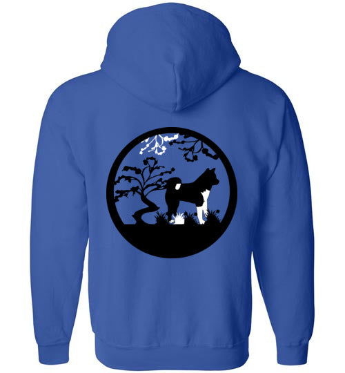 Akita Gate Front Tree Back Gildan Zip Hoodie - WagALotBowWow