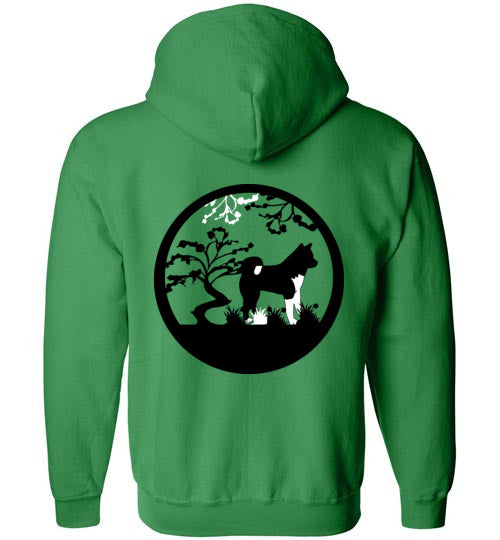 Akita Gate Front Tree Back Gildan Zip Hoodie - WagALotBowWow