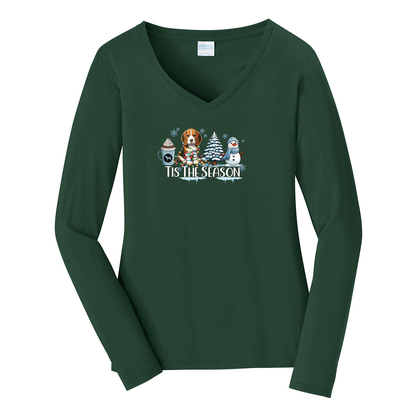 Beagle Tis The Season Winter Port & Company® Ladies Long Sleeve Fan Favorite™ V-Neck Tee LPC450VLS - WagALotBowWow