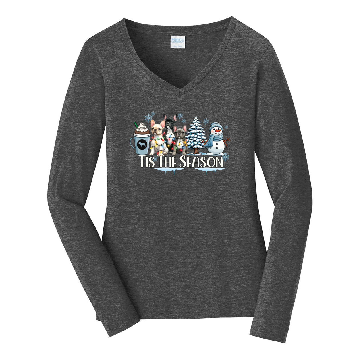 French Bulldog Tis The Season Winter Port & Company® Ladies Long Sleeve Fan Favorite™ V-Neck Tee LPC450VLS - WagALotBowWow