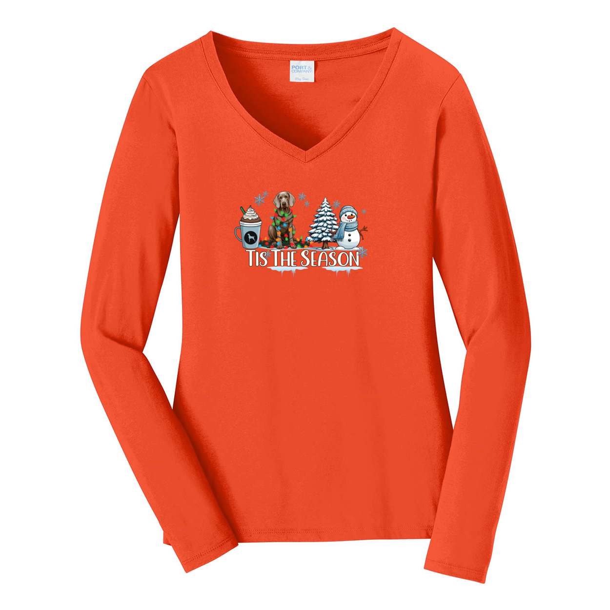 Weimaraner Tis The Season Winter Port & Company® Ladies Long Sleeve Fan Favorite™ V-Neck Tee LPC450VLS - WagALotBowWow