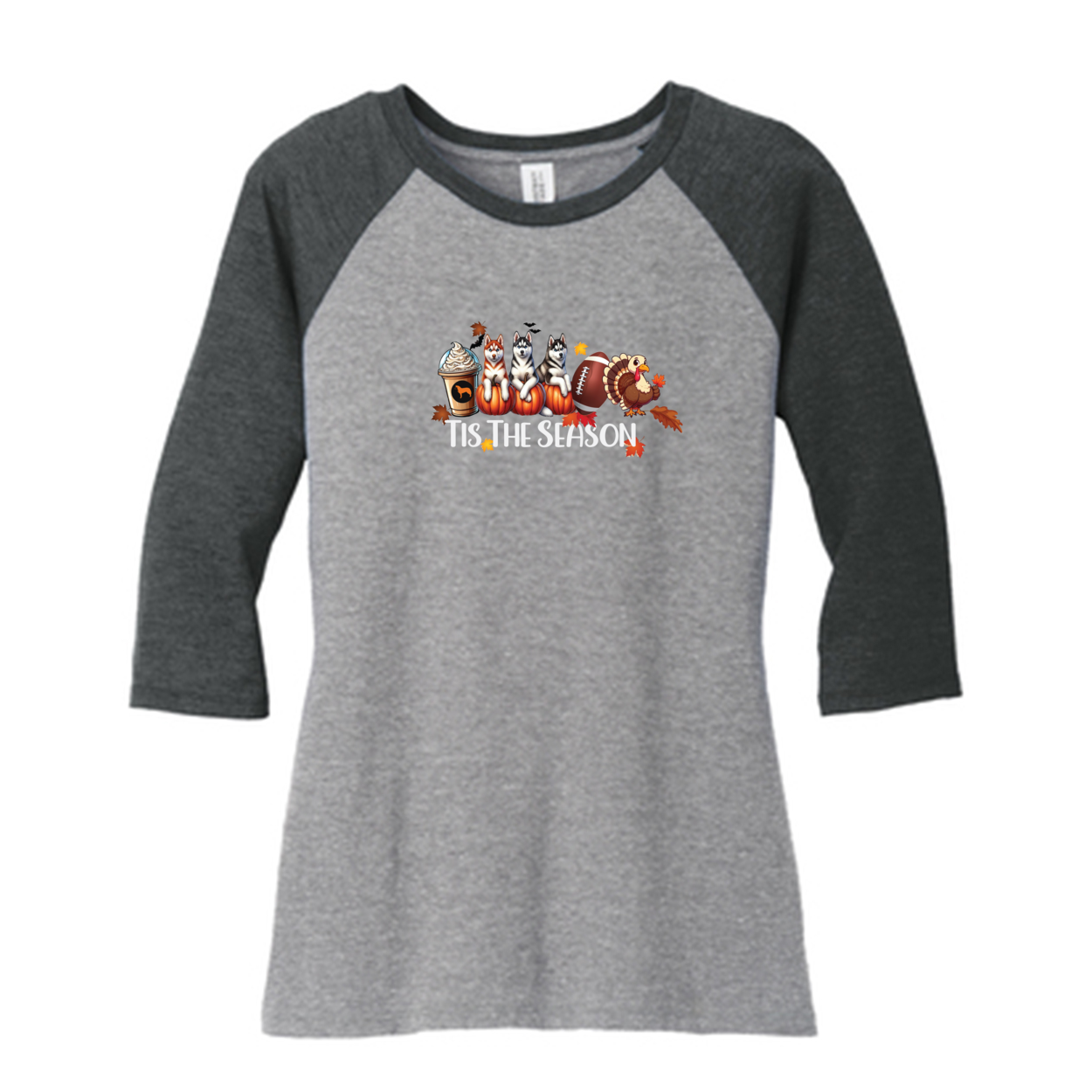 Siberian Husky Tis The Season Fall 2 DM136L District ® Women’s Perfect Tri 3/4-Sleeve Raglan - WagALotBowWow