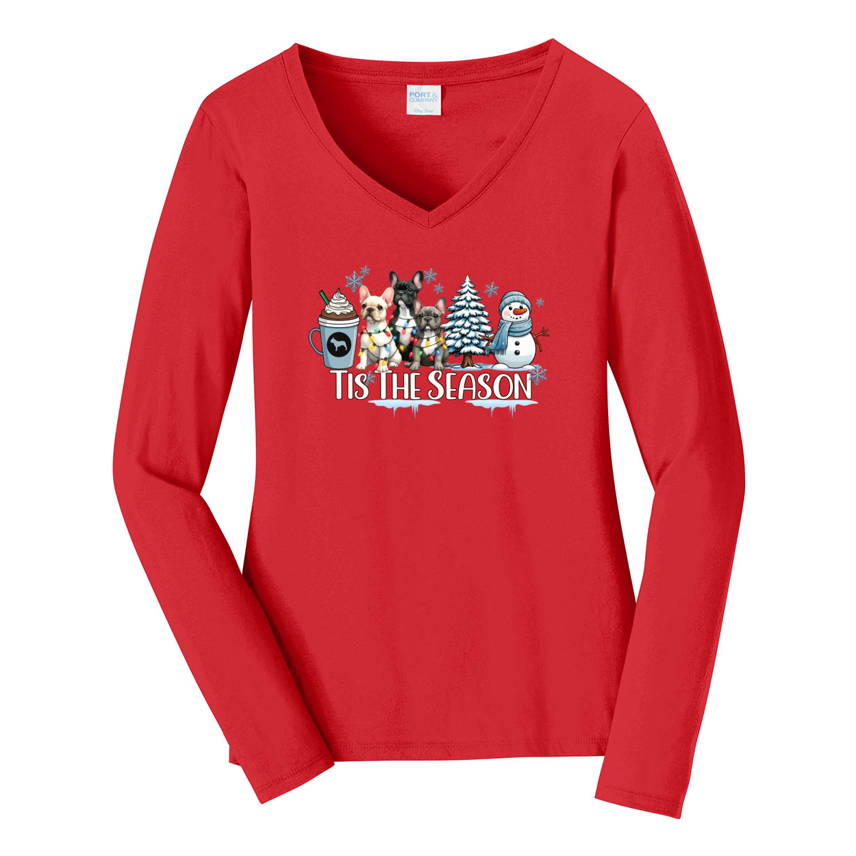 French Bulldog Tis The Season Winter Port & Company® Ladies Long Sleeve Fan Favorite™ V-Neck Tee LPC450VLS - WagALotBowWow