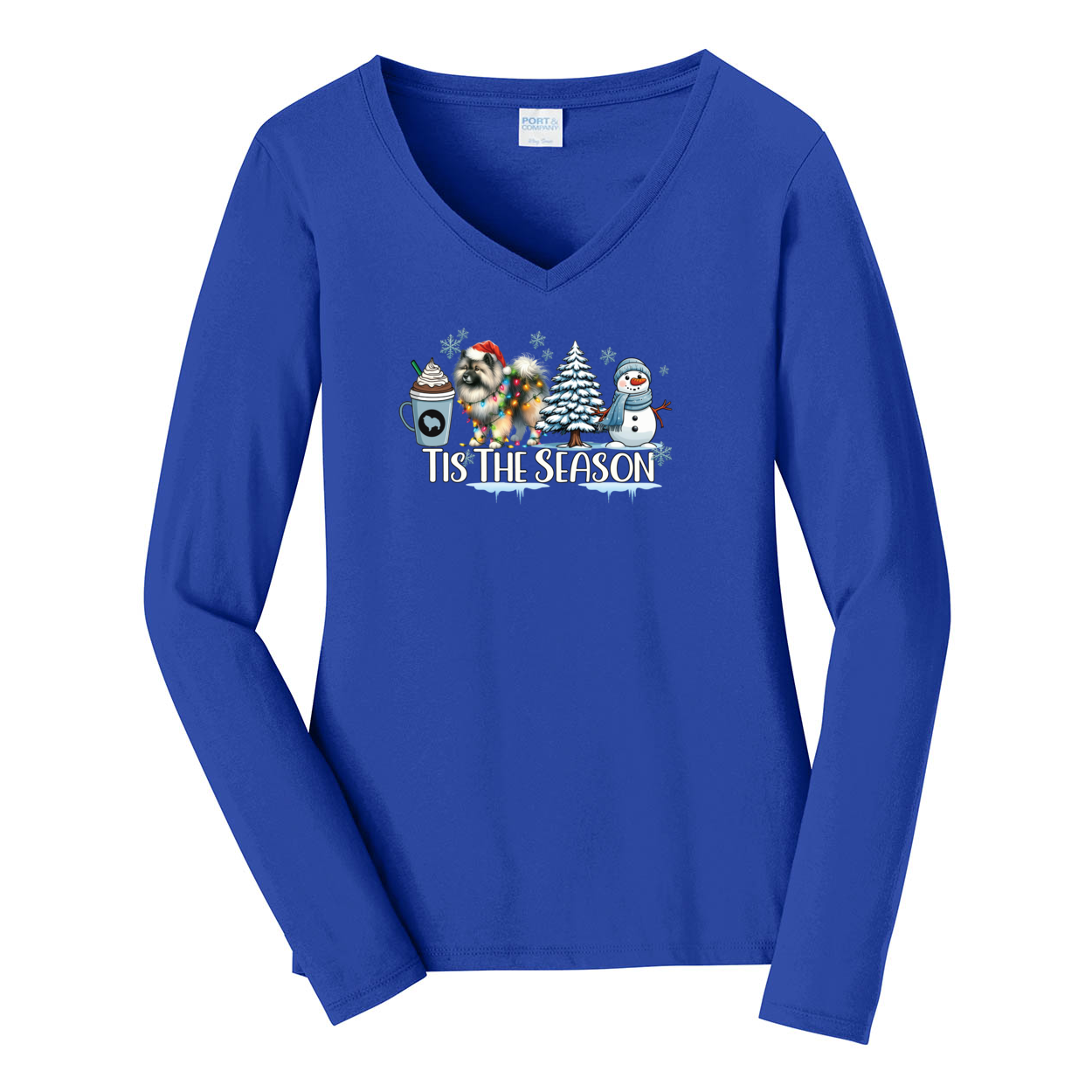 Keeshond Tis The Season Winter Port & Company® Ladies Long Sleeve Fan Favorite™ V-Neck Tee LPC450VLS - WagALotBowWow