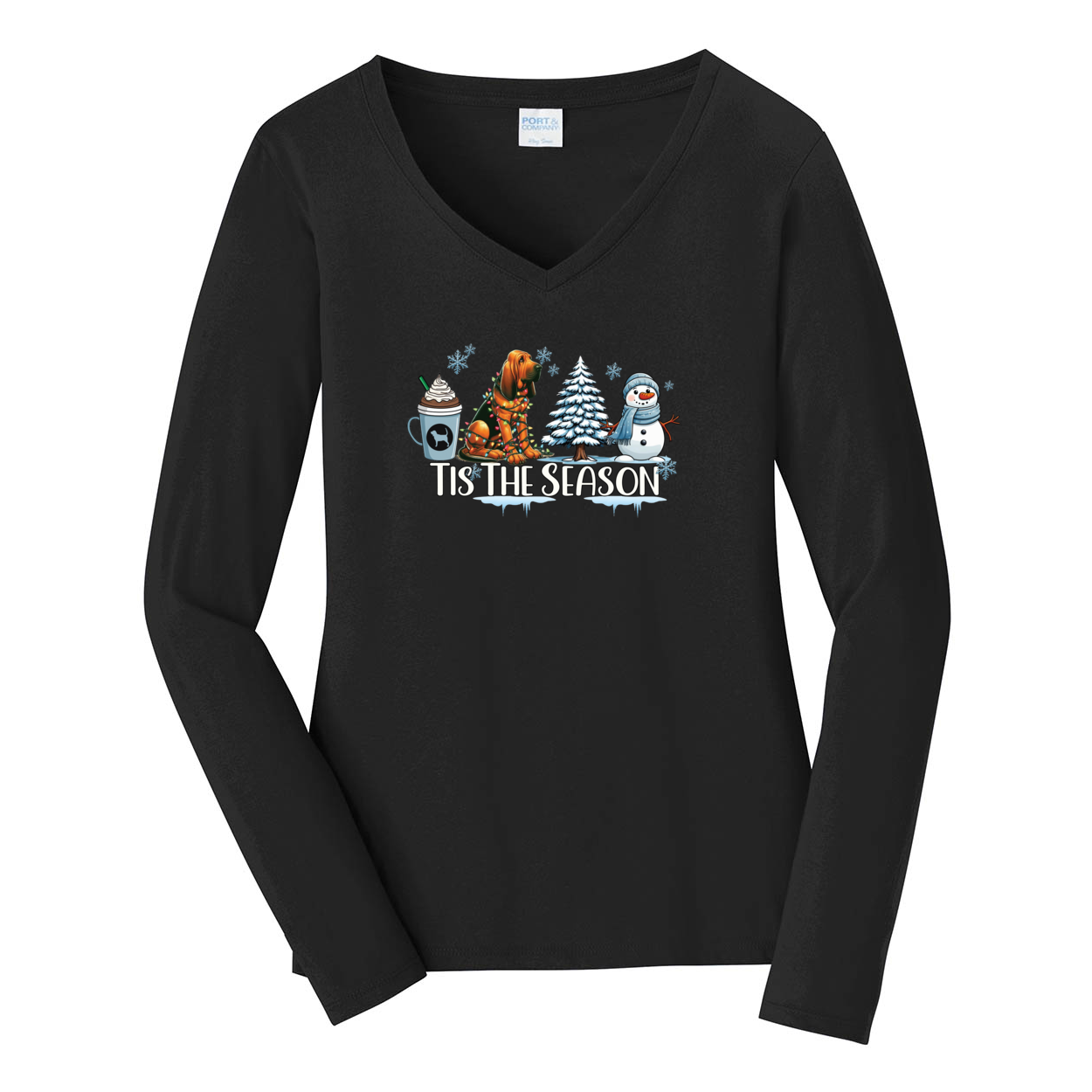 Bloodhound Tis The Season Winter Port & Company® Ladies Long Sleeve Fan Favorite™ V-Neck Tee LPC450VLS - WagALotBowWow