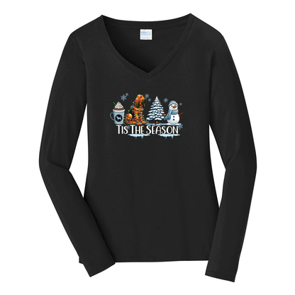 Bloodhound Tis The Season Winter Port & Company® Ladies Long Sleeve Fan Favorite™ V-Neck Tee LPC450VLS - WagALotBowWow