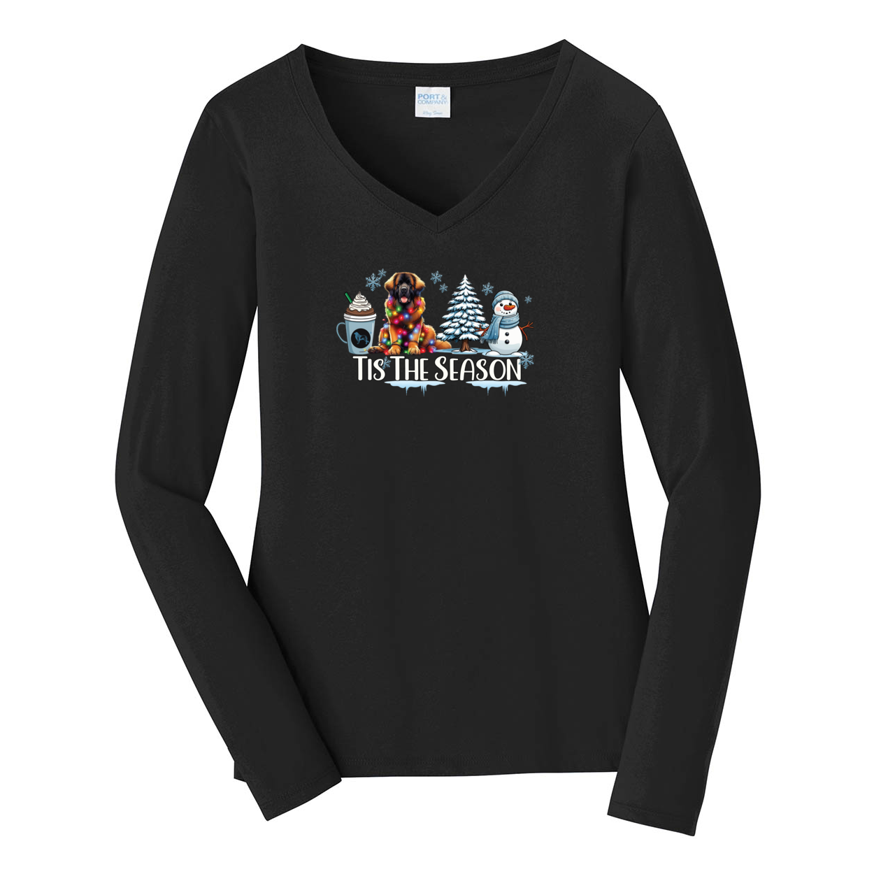 Leonberger Tis The Season Winter Port & Company® Ladies Long Sleeve Fan Favorite™ V-Neck Tee LPC450VLS - WagALotBowWow