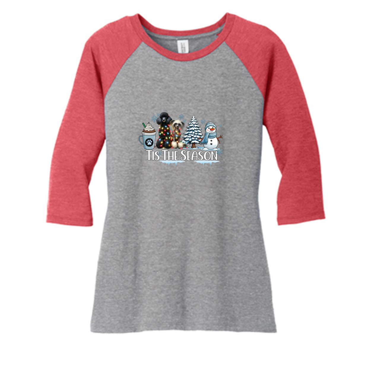 Poodle & CC Tis The Season Winter DM136L District ® Women’s Perfect Tri ® 3/4-Sleeve Raglan - WagALotBowWow