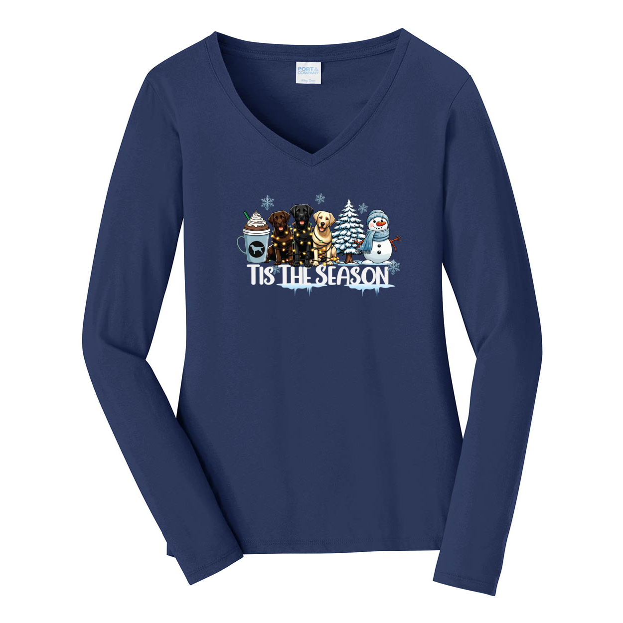 Labrador Tis The Season Winter Port & Company® Ladies Long Sleeve Fan Favorite™ V-Neck Tee LPC450VLS - WagALotBowWow