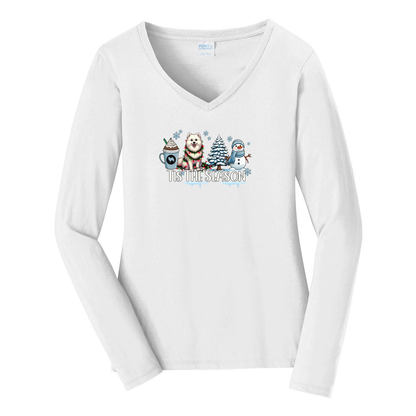 Am Eskimo Tis The Season Winter Port & Company® Ladies Long Sleeve Fan Favorite™ V-Neck Tee LPC450VLS - WagALotBowWow