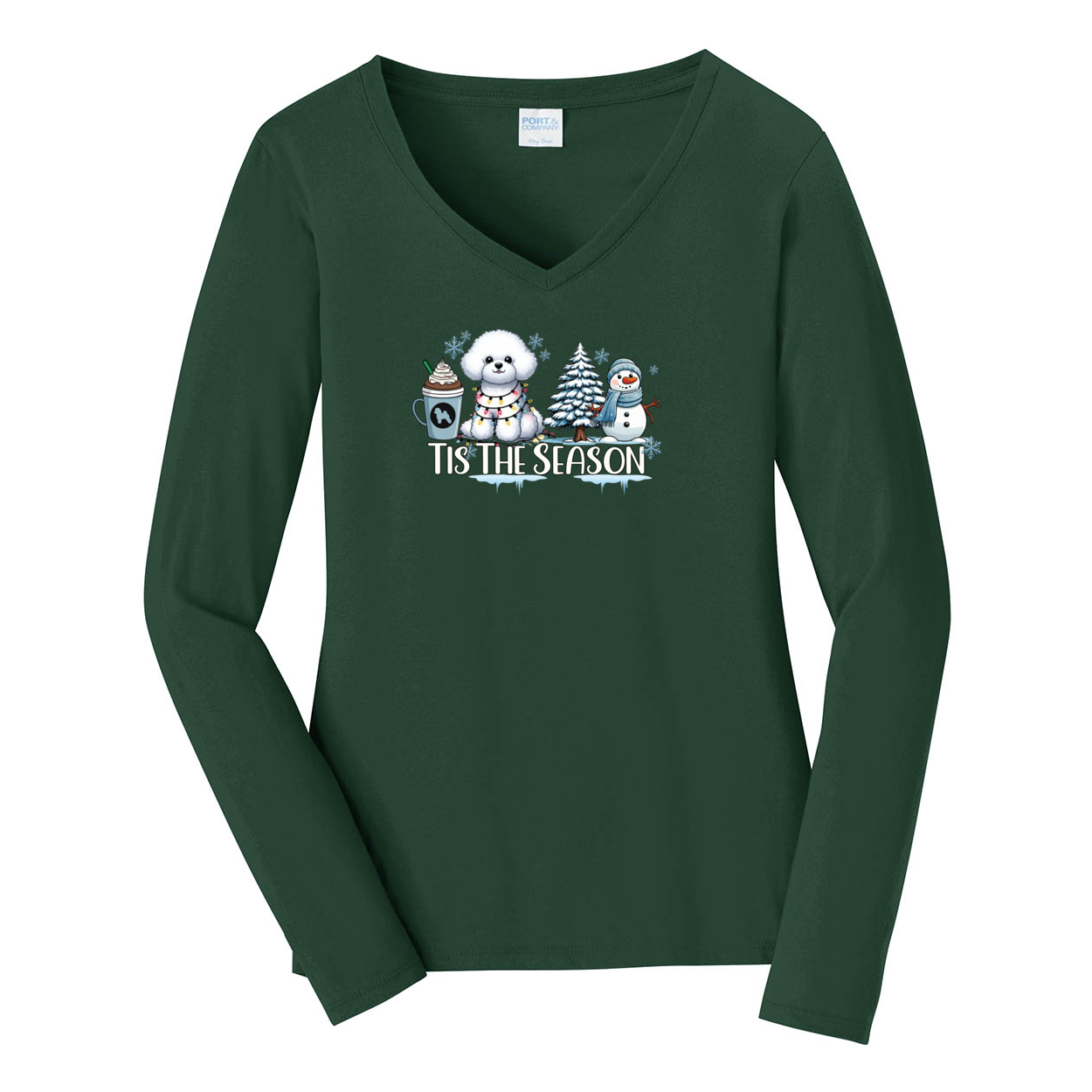 Bichon Frisé Tis The Season Winter Port & Company® Ladies Long Sleeve Fan Favorite™ V-Neck Tee LPC450VLS - WagALotBowWow