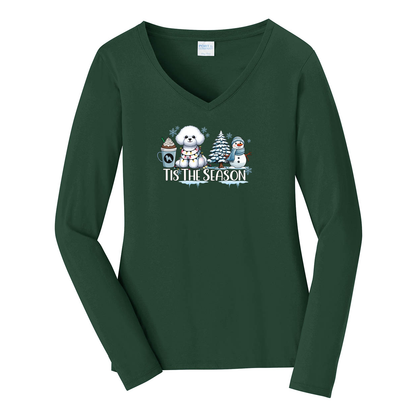 Bichon Frisé Tis The Season Winter Port & Company® Ladies Long Sleeve Fan Favorite™ V-Neck Tee LPC450VLS - WagALotBowWow