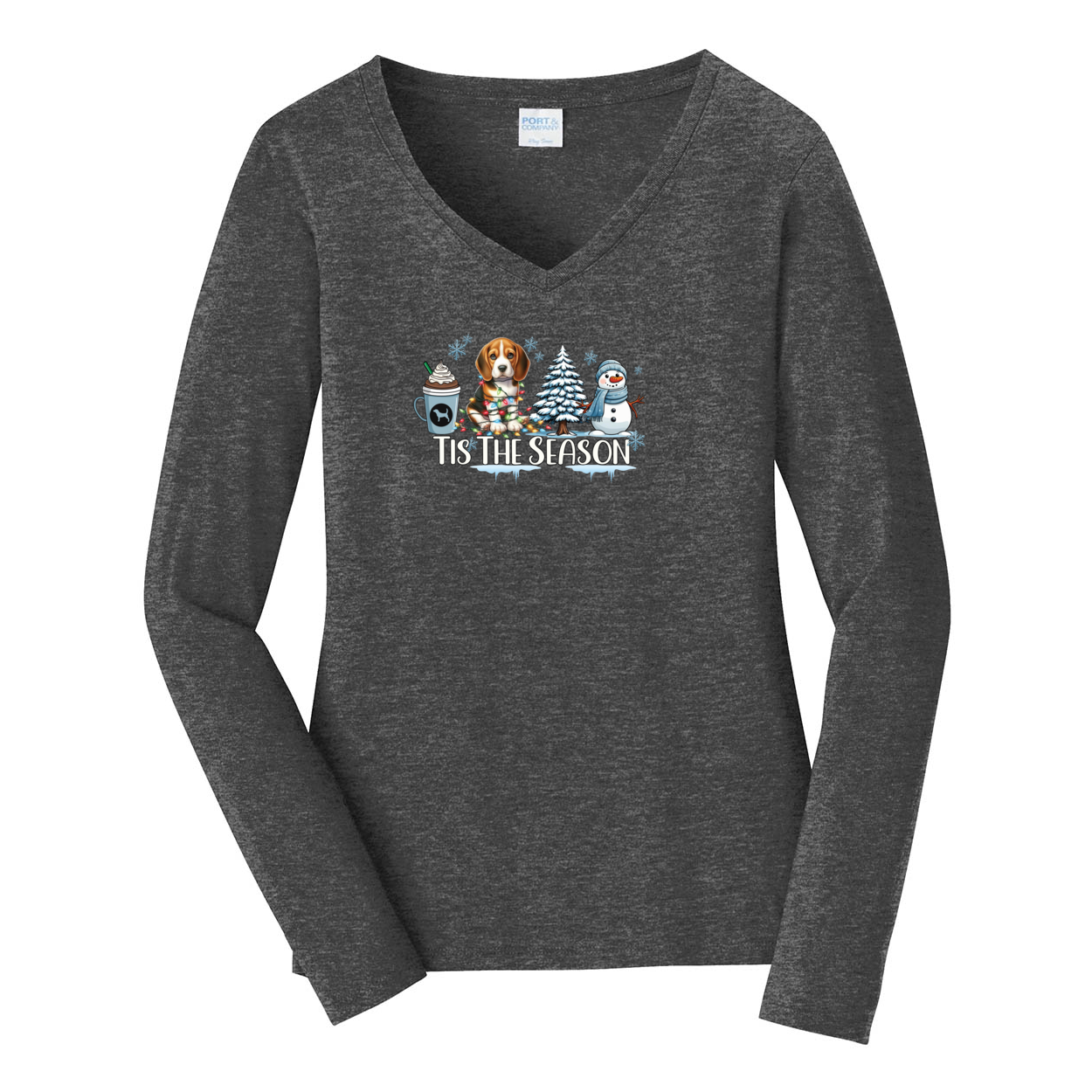 Beagle Tis The Season Winter Port & Company® Ladies Long Sleeve Fan Favorite™ V-Neck Tee LPC450VLS - WagALotBowWow