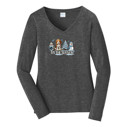 Beagle Tis The Season Winter Port & Company® Ladies Long Sleeve Fan Favorite™ V-Neck Tee LPC450VLS - WagALotBowWow