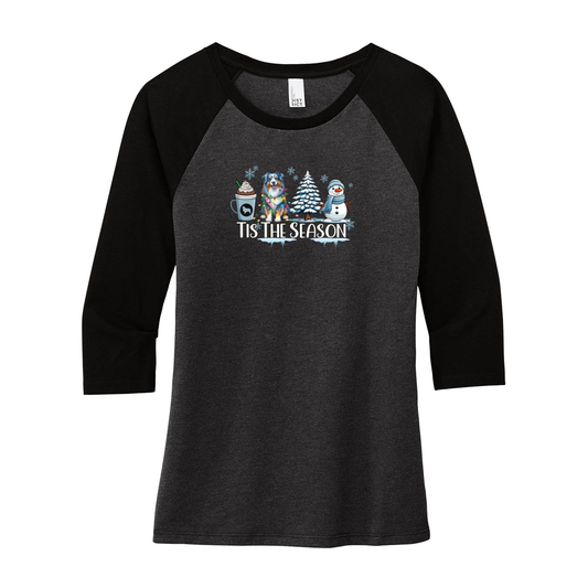 Blue Merle Australian Shepherd Winter Tis The Season 3/4-Sleeve Raglan - WagALotBowWow
