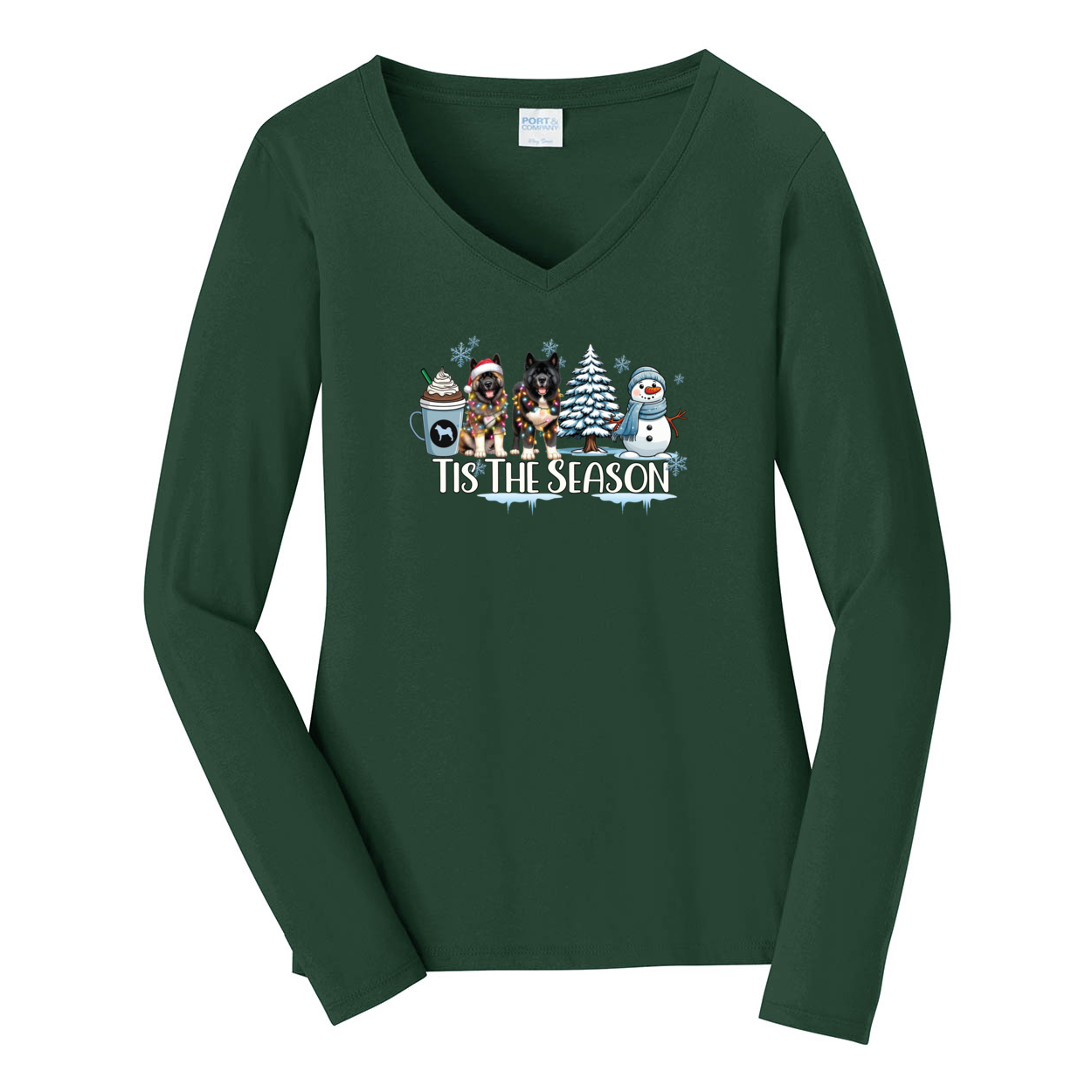 Akita Tis The Season Winter Port & Company® Ladies Long Sleeve Fan Favorite™ V-Neck Tee LPC450VLS - WagALotBowWow