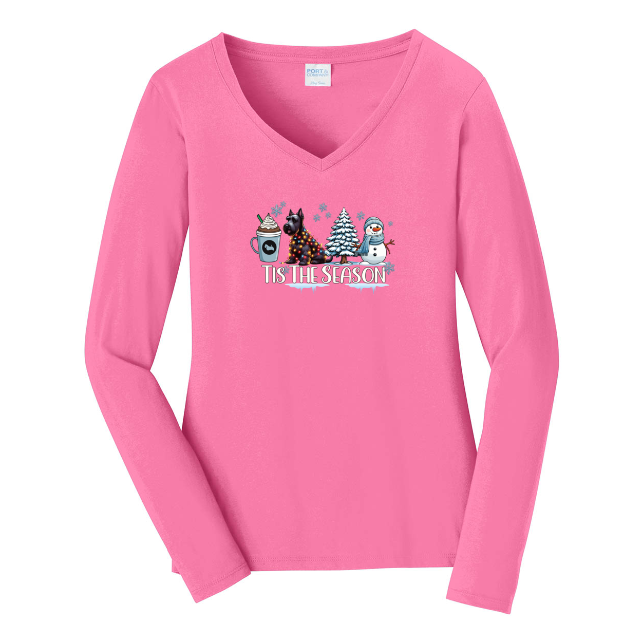 Scottish Terrier Tis The Season Winter Port & Company® Ladies Long Sleeve Fan Favorite™ V-Neck Tee LPC450VLS - WagALotBowWow