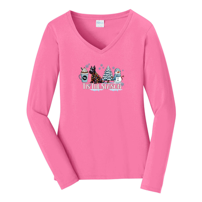 Scottish Terrier Tis The Season Winter Port & Company® Ladies Long Sleeve Fan Favorite™ V-Neck Tee LPC450VLS - WagALotBowWow