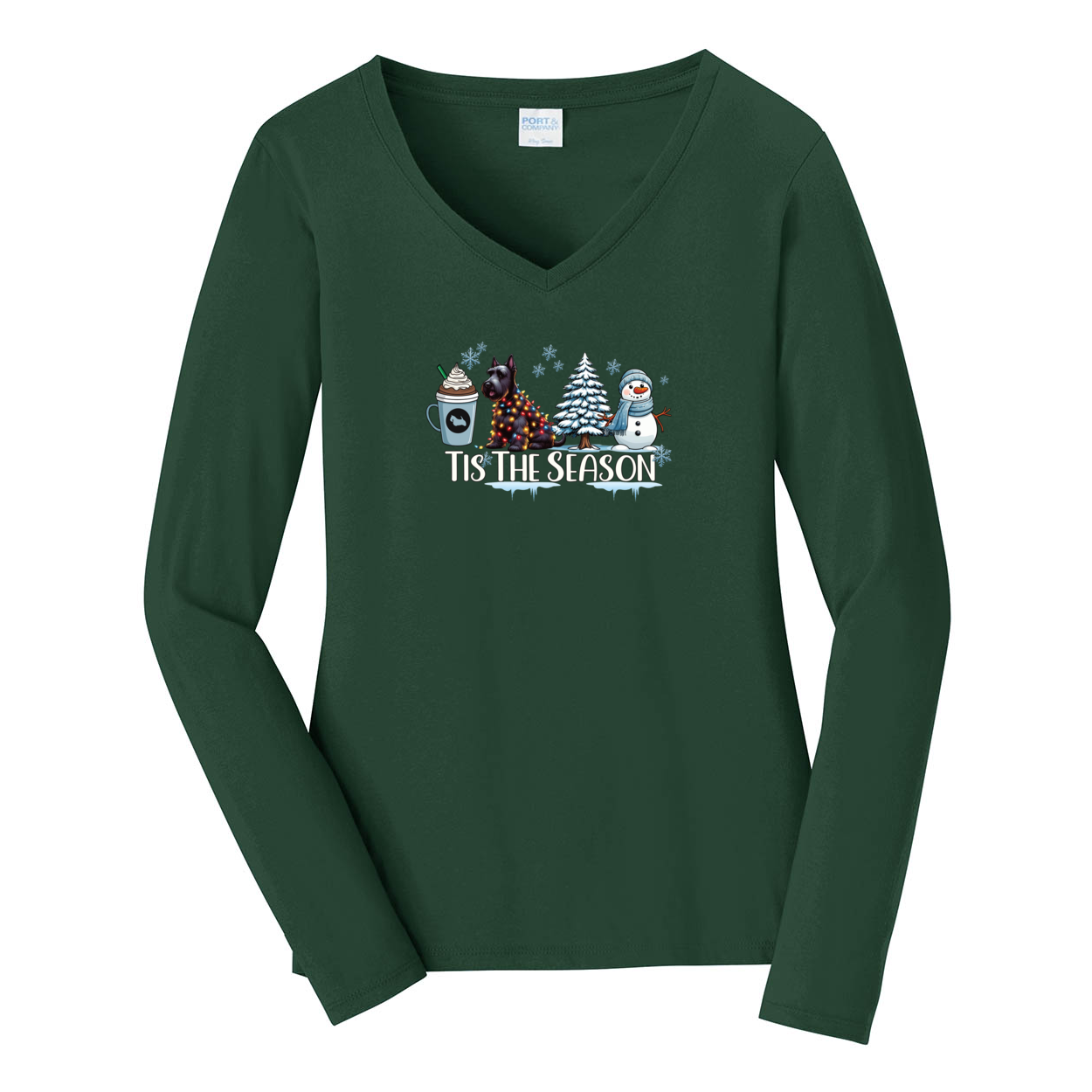 Scottish Terrier Tis The Season Winter Port & Company® Ladies Long Sleeve Fan Favorite™ V-Neck Tee LPC450VLS - WagALotBowWow