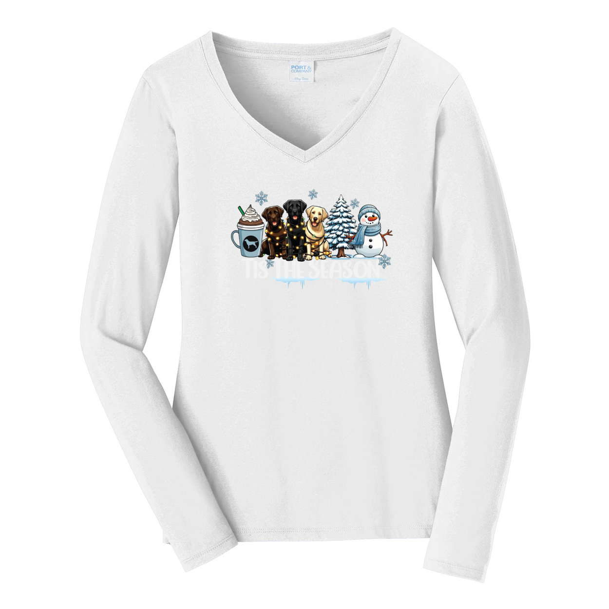 Labrador Tis The Season Winter Port & Company® Ladies Long Sleeve Fan Favorite™ V-Neck Tee LPC450VLS - WagALotBowWow