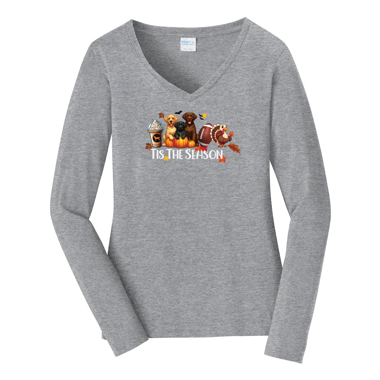 Labrador Tis The Season Turkey Port & Company® Ladies Long Sleeve Fan Favorite™ V-Neck Tee LPC450VLS - WagALotBowWow