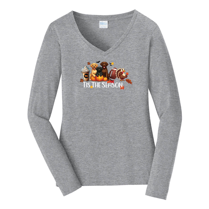 Labrador Tis The Season Turkey Port & Company® Ladies Long Sleeve Fan Favorite™ V-Neck Tee LPC450VLS - WagALotBowWow