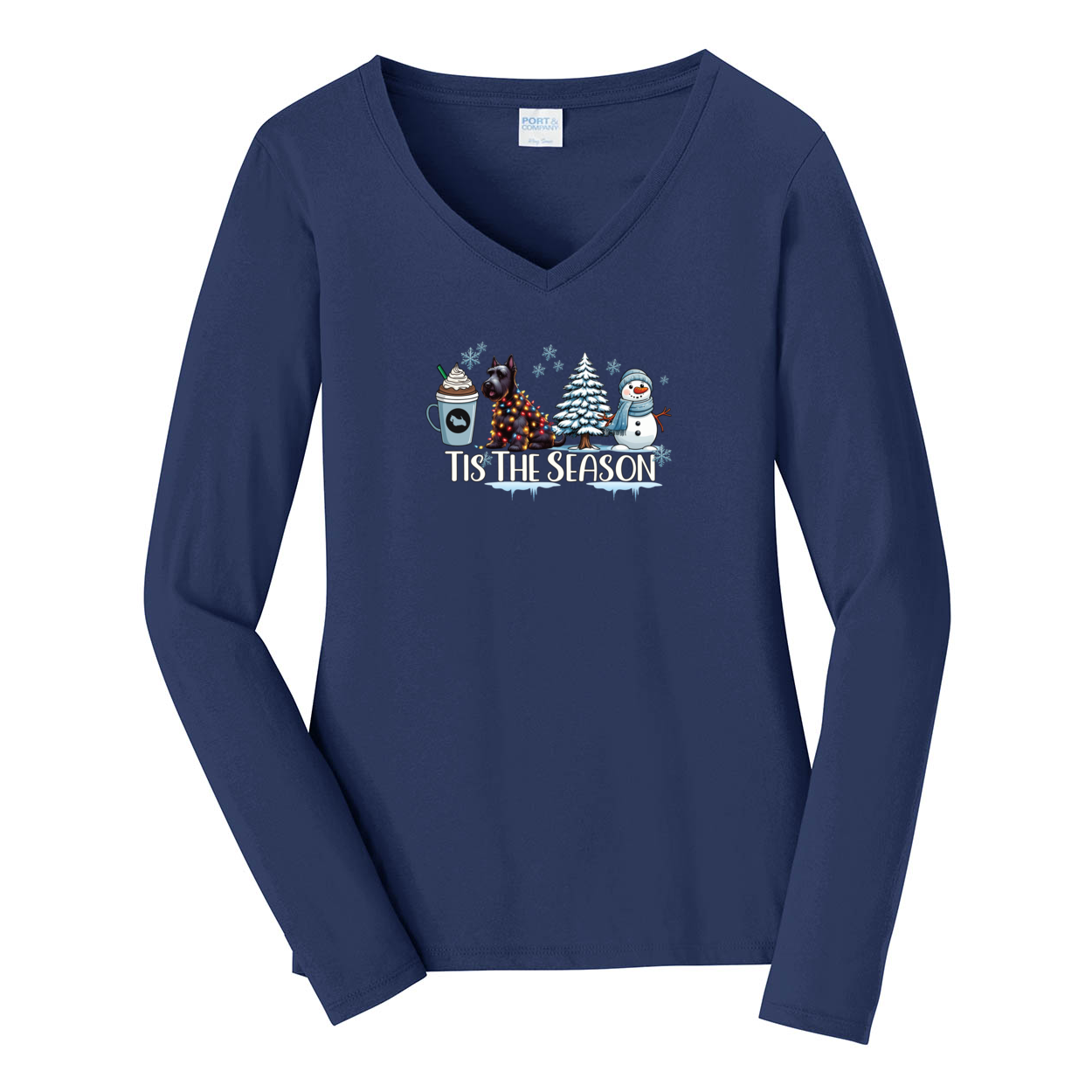 Scottish Terrier Tis The Season Winter Port & Company® Ladies Long Sleeve Fan Favorite™ V-Neck Tee LPC450VLS - WagALotBowWow