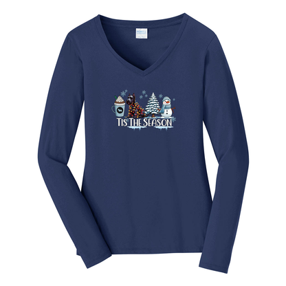 Scottish Terrier Tis The Season Winter Port & Company® Ladies Long Sleeve Fan Favorite™ V-Neck Tee LPC450VLS - WagALotBowWow
