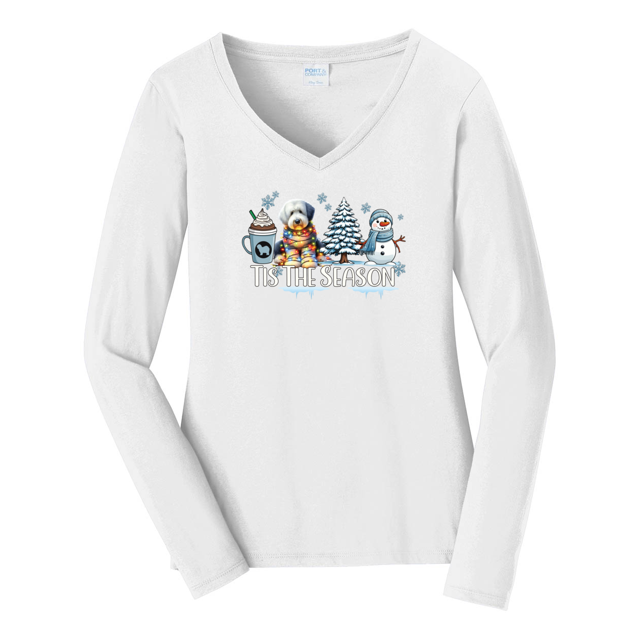 OES Tis The Season Winter Port & Company® Ladies Long Sleeve Fan Favorite™ V-Neck Tee LPC450VLS - WagALotBowWow
