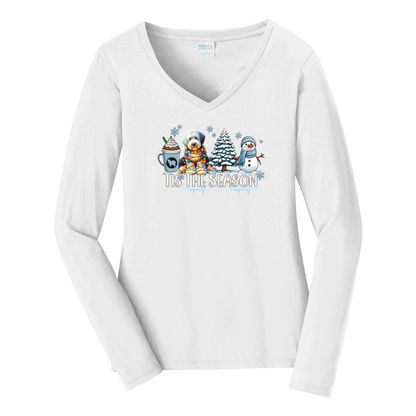 OES Tis The Season Winter Port & Company® Ladies Long Sleeve Fan Favorite™ V-Neck Tee LPC450VLS - WagALotBowWow