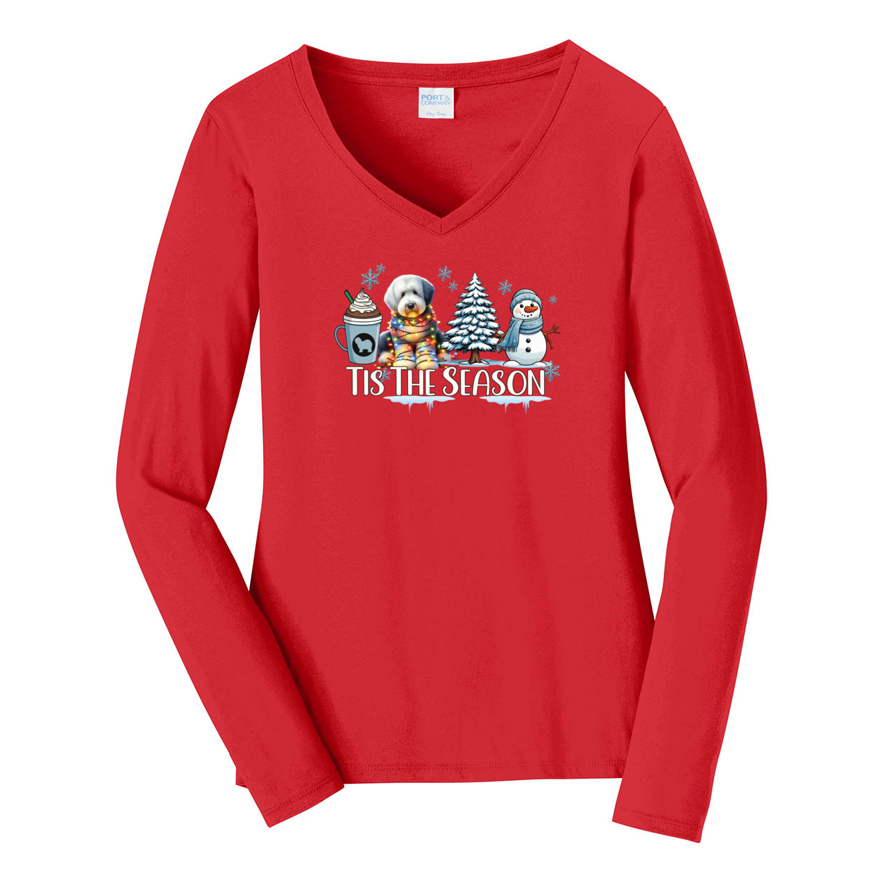 OES Tis The Season Winter Port & Company® Ladies Long Sleeve Fan Favorite™ V-Neck Tee LPC450VLS - WagALotBowWow