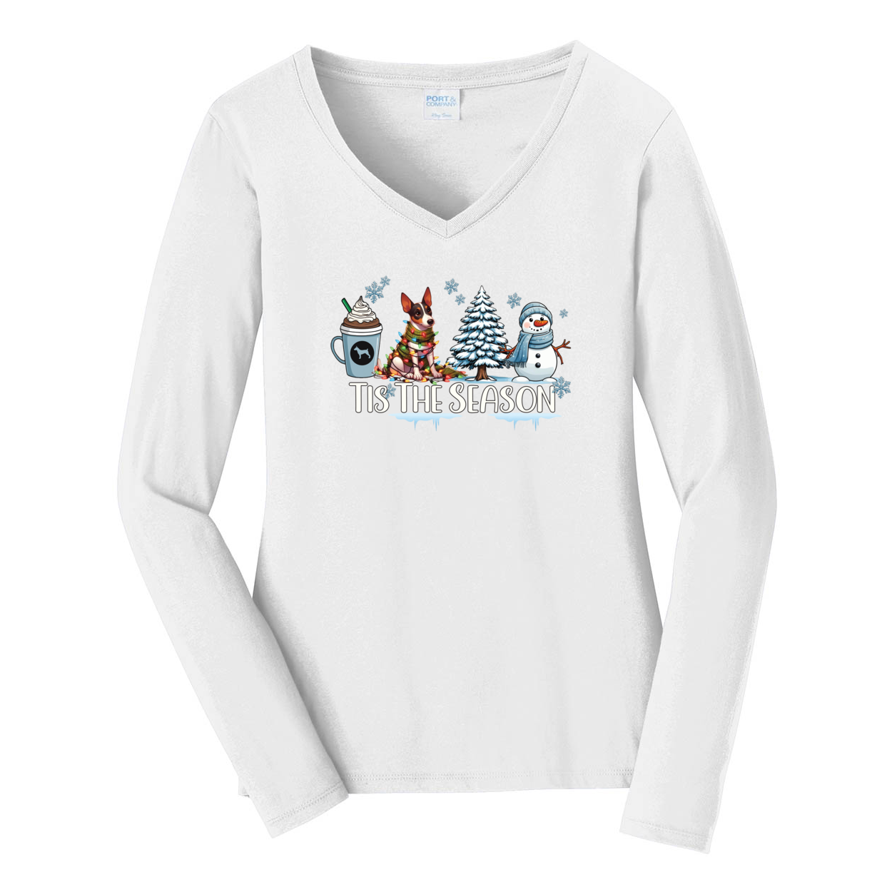Rat Terrier Tis The Season Winter Port & Company® Ladies Long Sleeve Fan Favorite™ V-Neck Tee LPC450VLS - WagALotBowWow