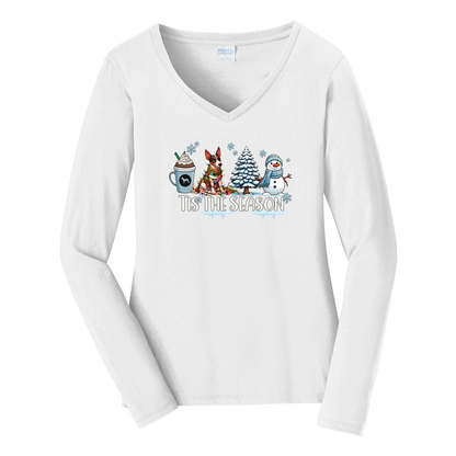 Rat Terrier Tis The Season Winter Port & Company® Ladies Long Sleeve Fan Favorite™ V-Neck Tee LPC450VLS - WagALotBowWow