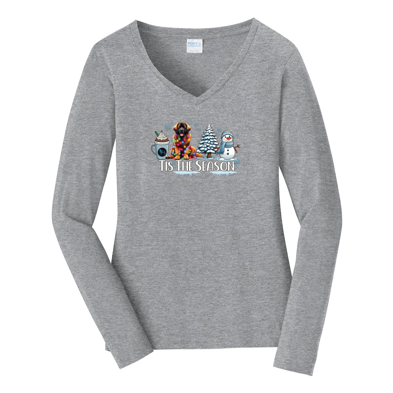 Leonberger Tis The Season Winter Port & Company® Ladies Long Sleeve Fan Favorite™ V-Neck Tee LPC450VLS - WagALotBowWow