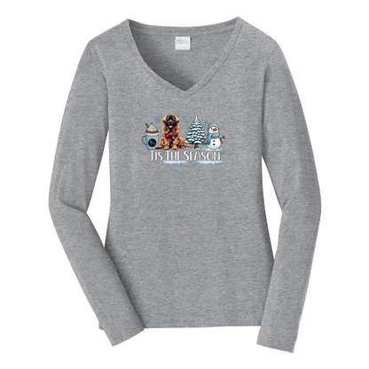Leonberger Tis The Season Winter Port & Company® Ladies Long Sleeve Fan Favorite™ V-Neck Tee LPC450VLS - WagALotBowWow
