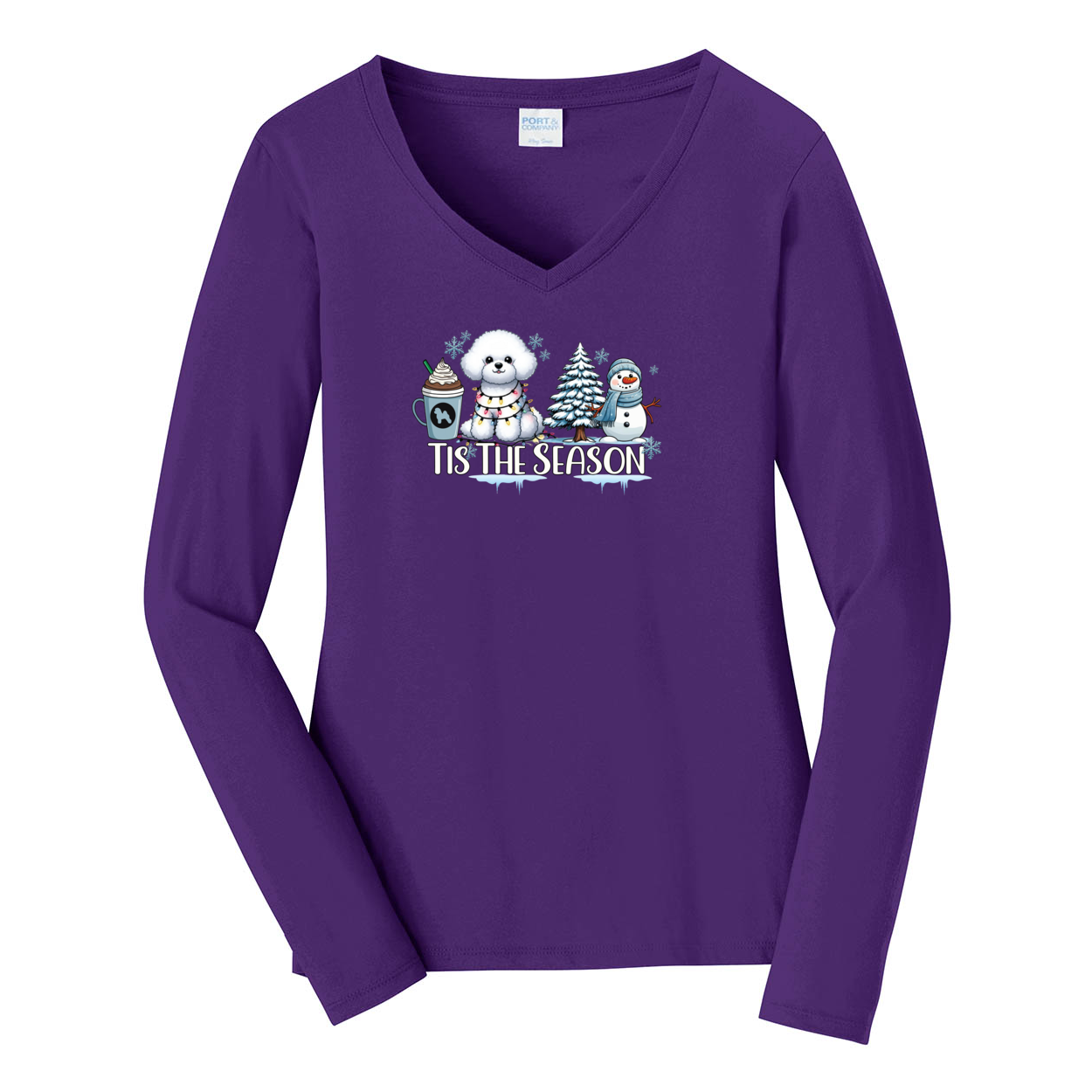 Bichon Frisé Tis The Season Winter Port & Company® Ladies Long Sleeve Fan Favorite™ V-Neck Tee LPC450VLS - WagALotBowWow