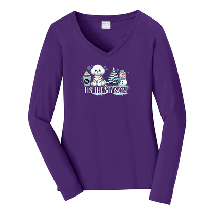 Bichon Frisé Tis The Season Winter Port & Company® Ladies Long Sleeve Fan Favorite™ V-Neck Tee LPC450VLS - WagALotBowWow