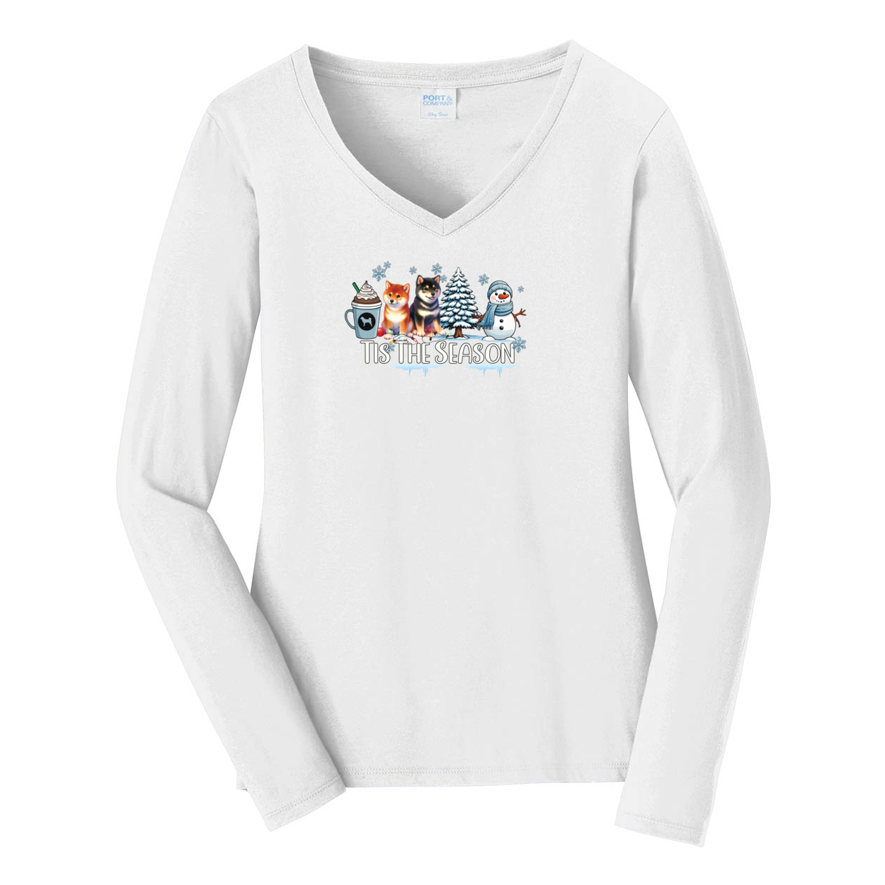 Shiba Inu Tis The Season Winter Port & Company® Ladies Long Sleeve Fan Favorite™ V-Neck Tee LPC450VLS - WagALotBowWow